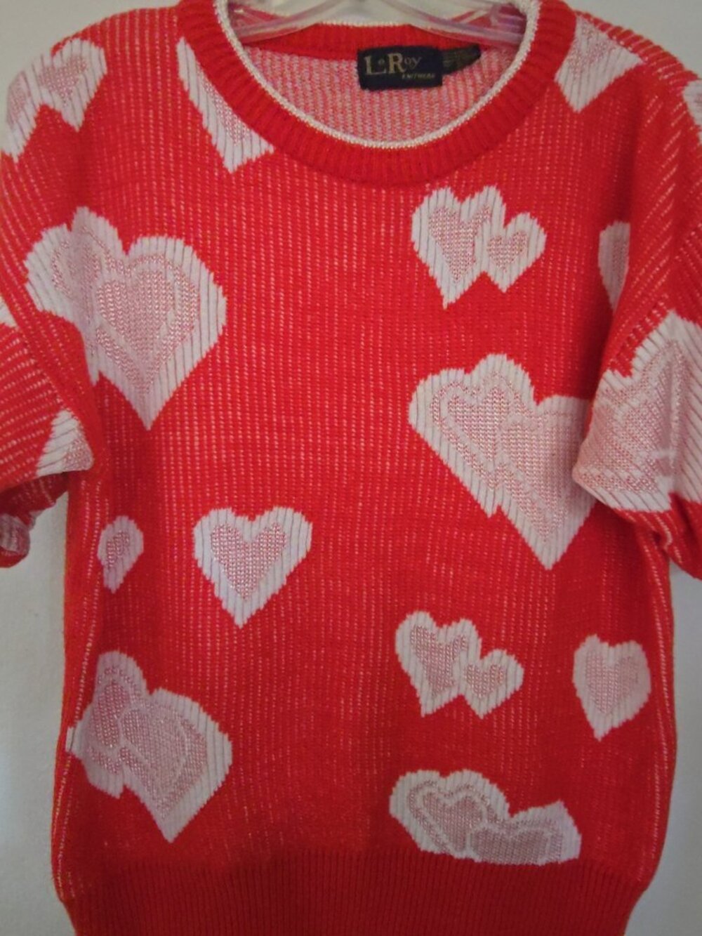 Vintage 80s LeRoy Knitwear Red Heart Sweater Metallic Silver Short Sleeve Womens